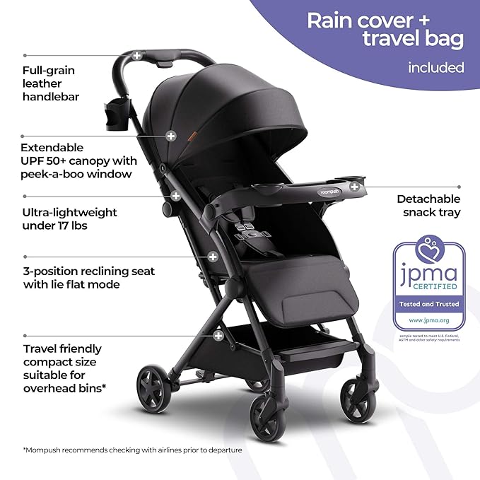 Mompush Lithe V2 Lightweight Travel Stroller, Compact Foldable Baby Stroller with Travel Bag, One-Hand Fold Stroller, Snack Tray, Mechanical Recline Seat, Airplane-Ready, UPF 50+ Canopy & Rain Cover-BubblyBeeBaby