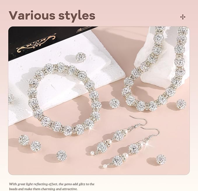 160pcs 10mm Rhinestone Beads for Jewelry Making, White Shiny Round Disco Ball Beads Bulk, Sparkle Crystal Clay Christmas for Bracelet Baseball Necklace Earring Crafting and DIY-BubblyBeeBaby