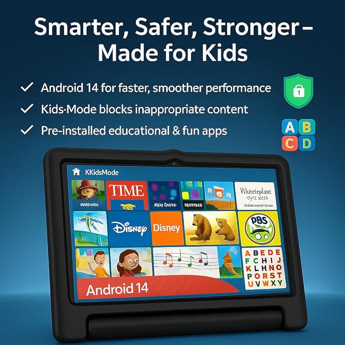 10.1 Inch Kids Tablet with Shockproof Case | Android 14, 64GB+8GB RAM, 12H Battery | Parental Control, Google Kids Space & Preloaded Educational Apps | WiFi 6, HD Display, Ages 3-12-BubblyBeeBaby