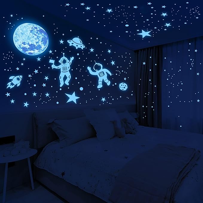 1017Pcs Glow in The Dark Stars for Ceiling Glow in The Dark Moon and Planet Wall Decal Luminous Astronaut Universe Galaxy Space Wall Stickers for Kids Boys Bedroom Blue-BubblyBeeBaby