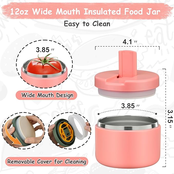 12oz Insulated Vacuum Food Jar with Buckle Lid Wide Mouth Soup Thermo for Hot Food Kids Leakproof Stainless Steel Lunch Container- Pink- 1Pack-BubblyBeeBaby