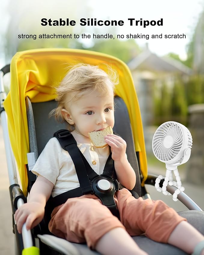 Stroller Fan Clip on for Baby, 4000mAh Rechargeable Battery Operated, Flexible Tripod, 3 Wind Speed, 360° Rotatable, Small Portable Fan for Car Seat Crib Golf Cart Bike Beach Travel, White-BubblyBeeBaby