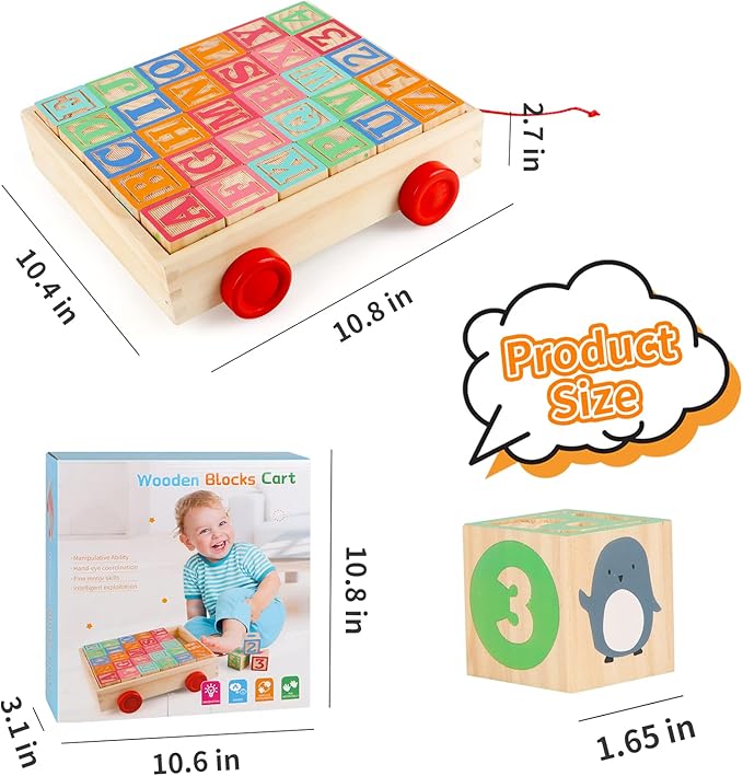 Joqutoys Wooden Building Blocks for Toddlers 1-3, Large Wood Baby Stacking Blocks Set for Kids, 30 PCS Alphabet Blocks with Toy Wagon, Educational Wooden Toys for Boys Girls Gifts 1.65"-BubblyBeeBaby