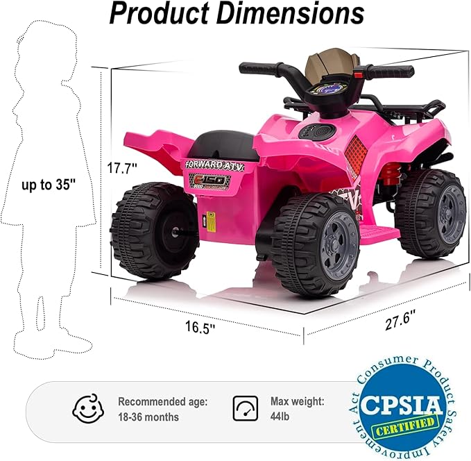 Kids ATV 4 Wheeler, 6V Ride-On Toy for Toddlers Boys & Girls with Music, Forward & Reverse - Rose Pink-BubblyBeeBaby