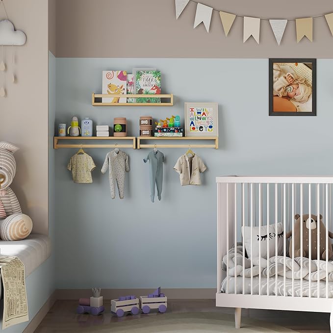 Heimlove Nursery Floating Shelves, Wood Nursery Book Shelves for Wall, 24 inch Wall Bookshelf for Kids Solid Wood for Books,Toys and Decor Storage, Set of 3-BubblyBeeBaby