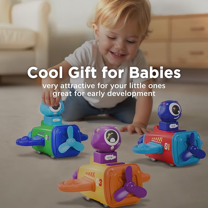 iPlay, iLearn Press to Go Car Toys for Toddlers 1-3, Baby Airplane Race Cars, Infant Push Go Play Vehicle Set, Boys Pull Back Friction Car for 6-9-12-18 Month, 1st Birthday Gift for 1-2 Years Old Kids-BubblyBeeBaby