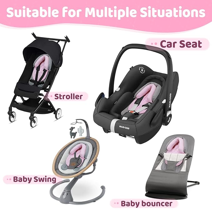 Pro Goleem Car Seat Head Support Infant, Soft Infant Car Seat Insert, 2 in 1 Carseat Head Support for Toddler, Perfect for Car Seat, Stroller, Swing, Bouncer, Pink and Gray-BubblyBeeBaby