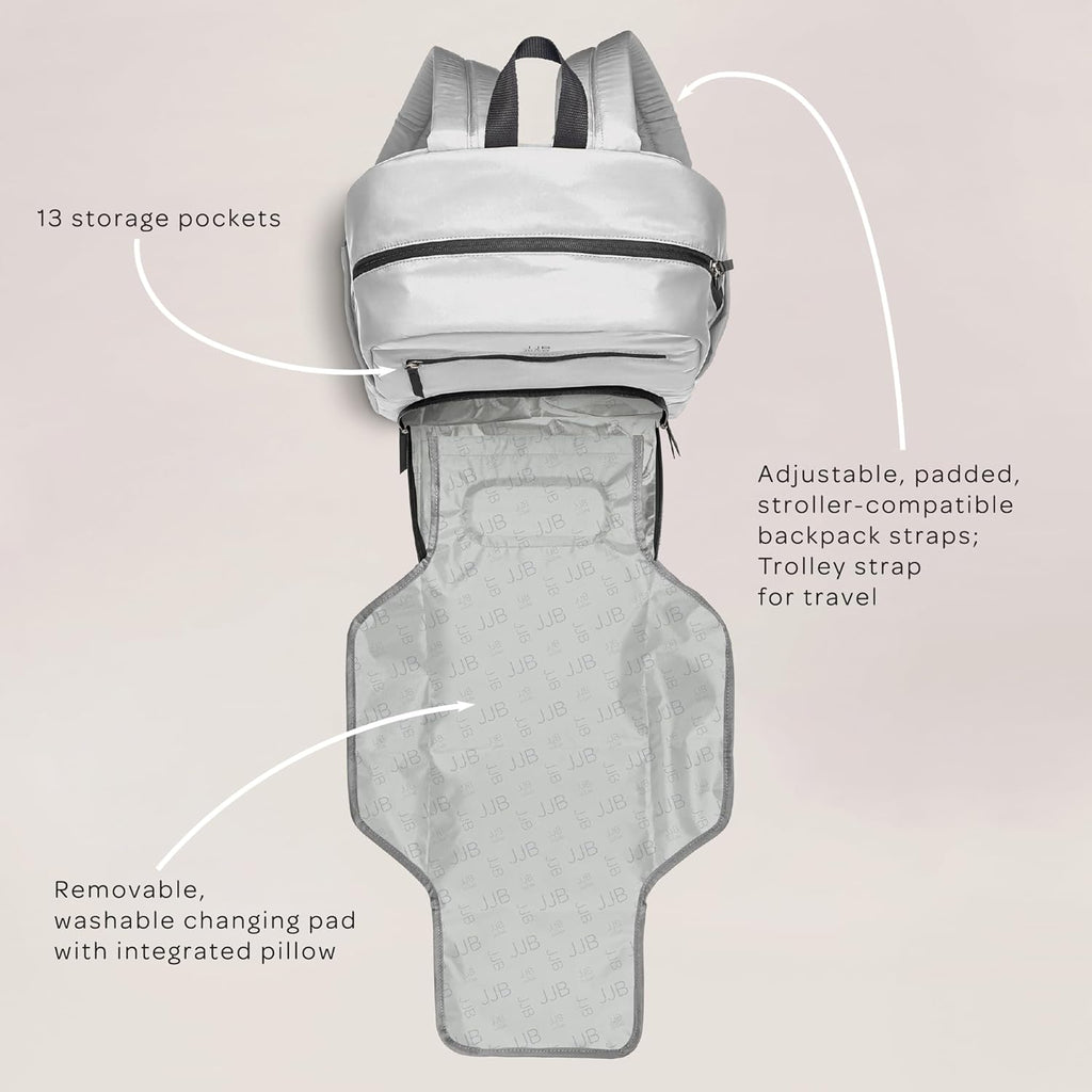 JJB by JuJuBe - New Deluxe Diaper Bag Backpack with Portable Changing Pad, Stroller Straps, Large Travel Backpack for Boy or Girl, Carrying Baby Bottles, Diapers, Pacifiers, Grey, Mother's Day Gift