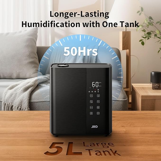 JRD Smart Humidifiers for Bedroom, 5L Warm & Cool Mist Ultrasonic Air Humidifier for Large Room Home Indoor, 50Hrs Quiet Runtime for Baby, Plants, Remote Control, Auto Humidity Sensor, 12H Timer-BubblyBeeBaby