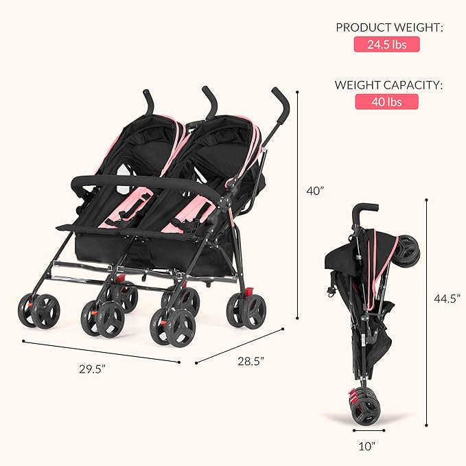 Dream On Me Volgo Twin Umbrella Stroller in Pink, Lightweight Double Stroller for Infant & Toddler, Compact Easy Fold, Large Storage Basket, Large and Adjustable Canopy-BubblyBeeBaby