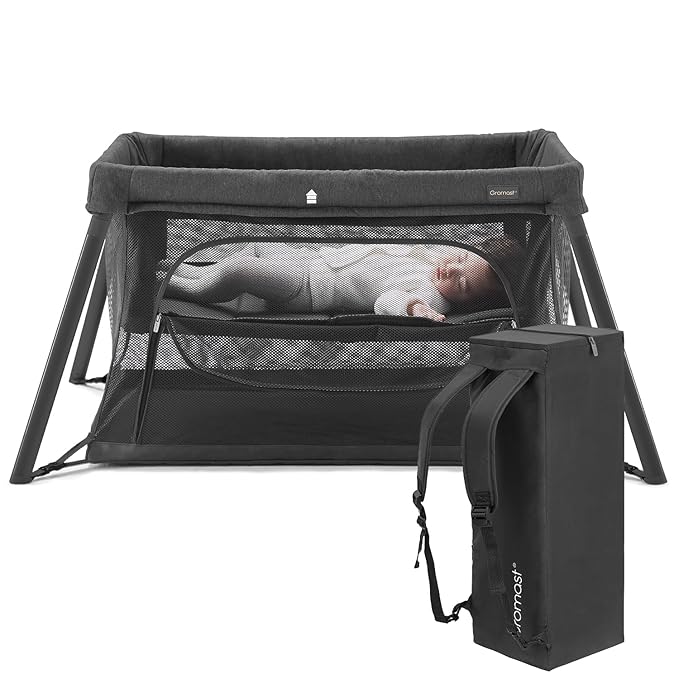 2 in 1 Portable Travel Crib for Toddler, Foldable Crib for Baby, Lightweight Playpen Collapsible Playard with Soft Mattress, Easy to Carry Baby Travel Bed for Outdoor, Indoor (Black)-BubblyBeeBaby
