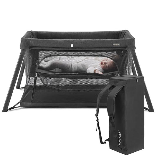 2 in 1 Portable Travel Crib for Toddler, Foldable Crib for Baby, Lightweight Playpen Collapsible Playard with Soft Mattress, Easy to Carry Baby Travel Bed for Outdoor, Indoor (Black)-BubblyBeeBaby