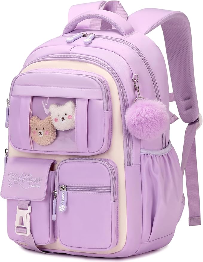 Kids Backpack for Girls School Bags for Middle School Students Book Bag for Elementary Primary Kawaii Ita Backpack, Purple and Beige-BubblyBeeBaby