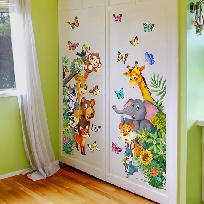 Jungle Animal Wall Decals, Cartoon Animal Sticker Safari Elephant Lion Monkey Wall Decals for Baby Room Playroom Bedroom Classroom Kindergarten Decor-BubblyBeeBaby