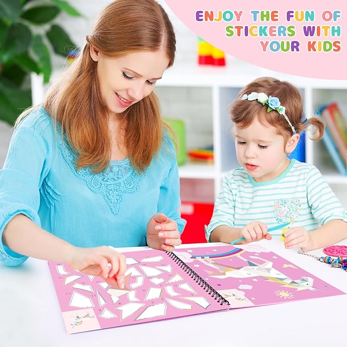homicozy 4PCS Sticker Paint Books for Kids Ages 4-10,Unicorn Mermaid Animals Designs Paint by Stickers,Sticker by Numbers,Party Birthday Gifts for Girls 4-10,Create 40 Pictures One Stickers at A Time-BubblyBeeBaby
