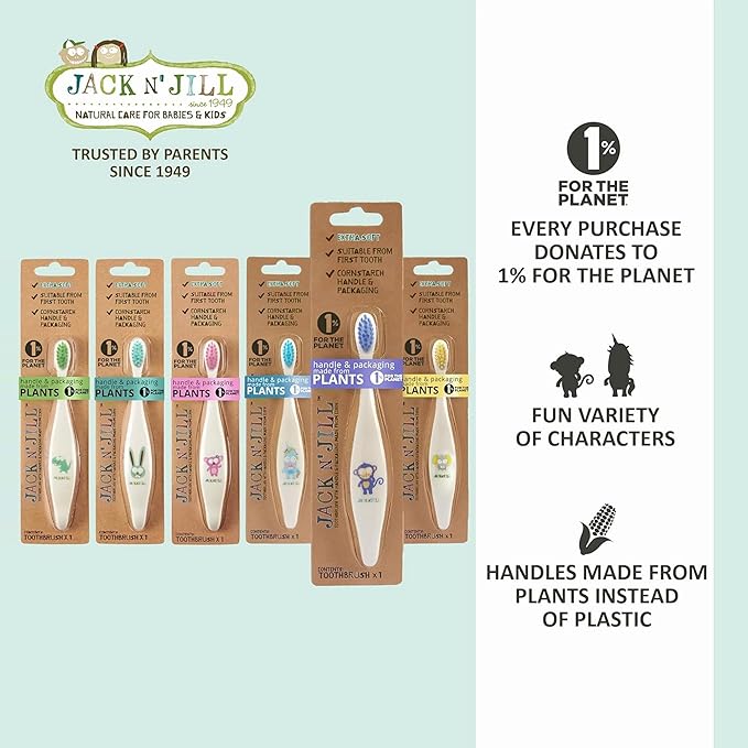 Jack N' Jill Kids Toothbrush - Extra Soft Bristle Toothbrush for Kids, Handle & Packaging Made from Plants (Corn), Ergonomic Handle for Little Hands - Dino Baby (1 Pack)-BubblyBeeBaby
