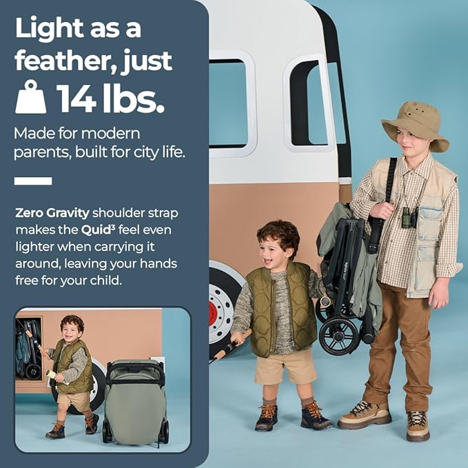 Inglesina Quid³ Stroller, Planet Green - Compact Reclining Travel Stroller for Baby & Toddler 0-55 lbs, One Hand fold, Car seat Compatible, Airplane Overhead, Lightweight, Foldable, XL UPF 50+ Canopy-BubblyBeeBaby