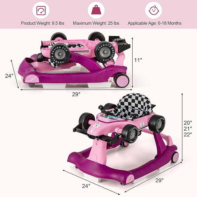 HONEY JOY 4-in-1 Baby Walker, Activity Push Walker w/3 Adjustable Heights, Smooth Wheels w/Adjustable Speed, Padded Seat, Music & Light, Foldable Car Walker for Baby Boys Girls Age 6 Months+ (Purple)-BubblyBeeBaby