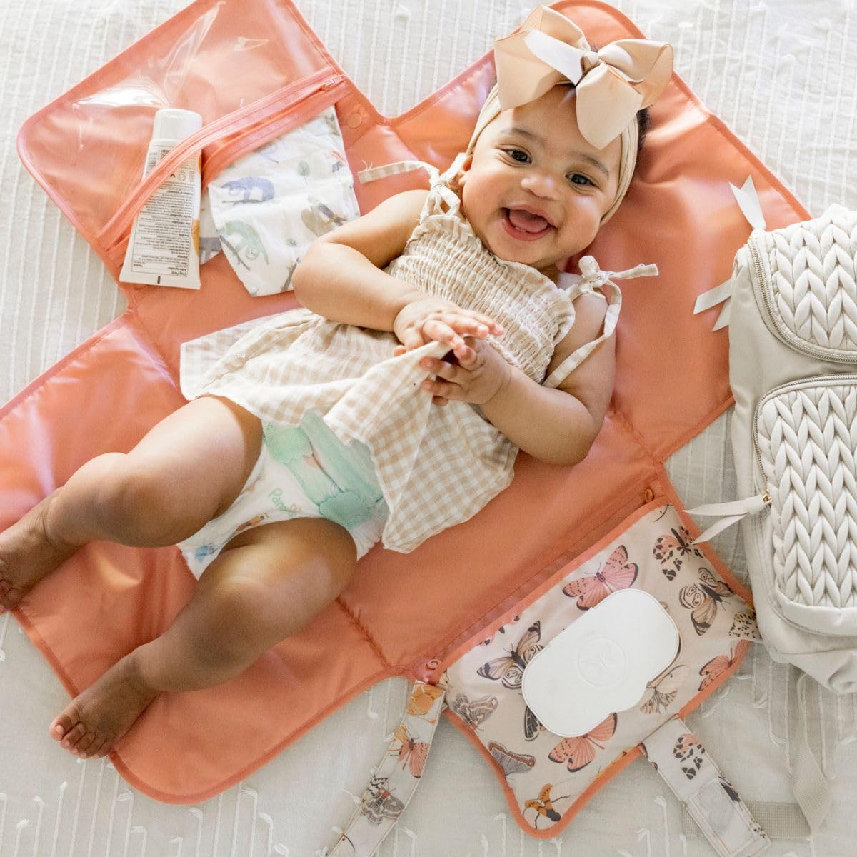 Tiny Twinkle Portable Diaper Changing Pad-Foldable Waterproof Changing Mat&Portable Changing Pad for Travel,Baby Changing Station with Smart Wipes Pocket&Storage (Flutter)