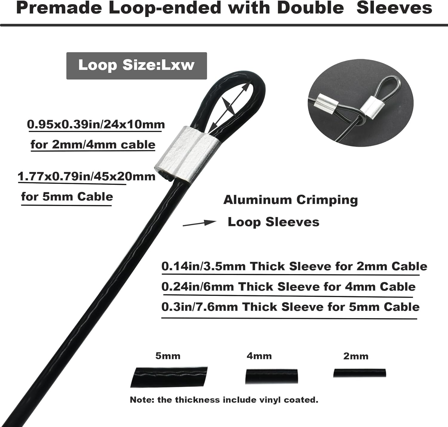 10 Pcs 2mm Wire 24 inch Vinyl Coated Stainless Steel Cable with Loops Short Wire Rope Lanyard Lock Security Chain Link for Outdoor Gates, Black (2mm x 24inch)