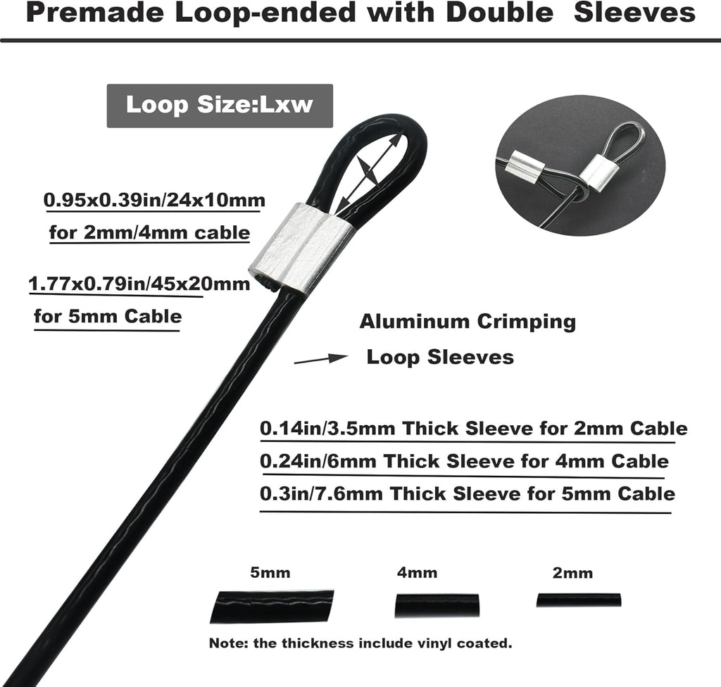5 Pcs 4mm Wire 36 inch Vinyl Coated Stainless Steel Cable with Loops Short Wire Rope Lanyard Lock Security Chain Link for Outdoor Gates, Black(4mm x 36inch)