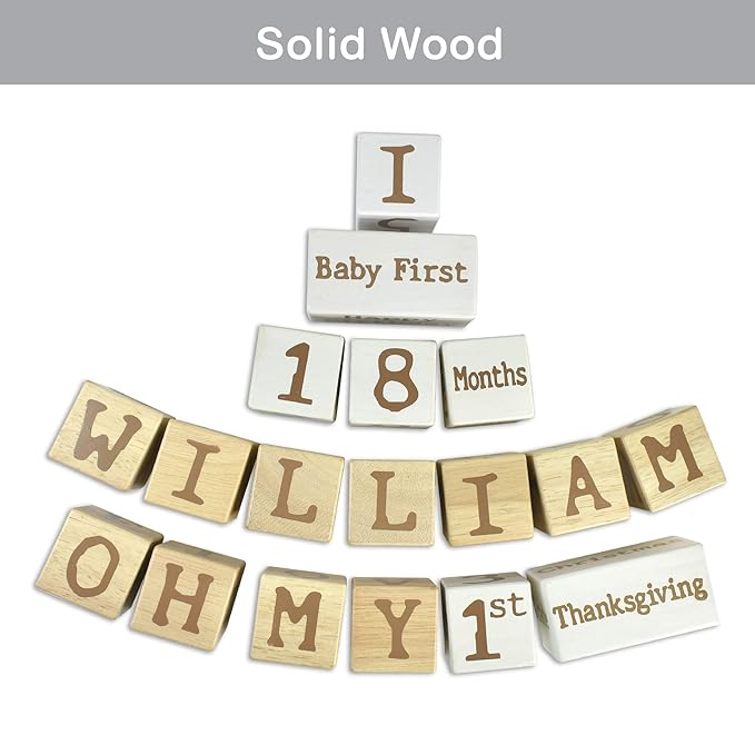 I'm Solid Wood Monthly Weekly Baby Milestone Age Blocks, Personalized Own Name, Gender Neutral, Newborn Gifts & Keepsakes for Picture Props (1.9" / 18 Pcs/Brown)-BubblyBeeBaby