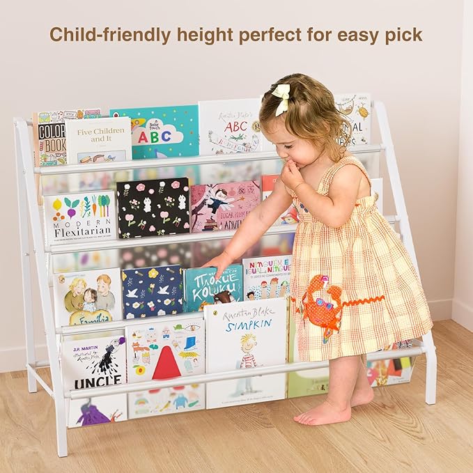High-Transparent 4 Tier Kids Bookshelf, Sturdy Metal Large Size Book Rack Storage for Kids - Toddler Book Shelf Display for Nurasery, Kids Room, Deep Size Bookshelf Hold More Books-BubblyBeeBaby