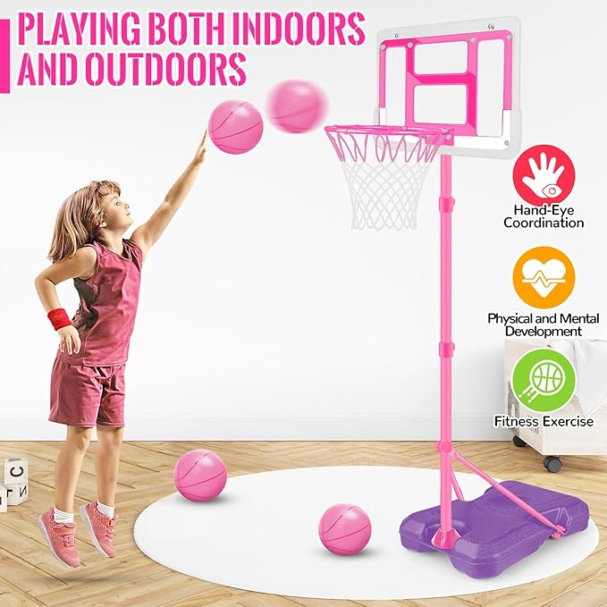Kids Basketball Hoop with Stand, Adjustable Basketball Set, Toddler Basketball Toys for Boys Age 3 4 5 6 7 8, Indoor Outdoor Backyard Sport Game Gifts Pink-BubblyBeeBaby