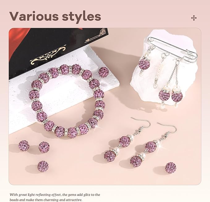 105pcs 10mm Rhinestone Beads for Jewelry Making, Light Purple Shiny Round Disco Beads Bulk, Sparkle Crystal Clay Christmas for Bracelet Baseball Necklace Earring Crafting and DIY-BubblyBeeBaby