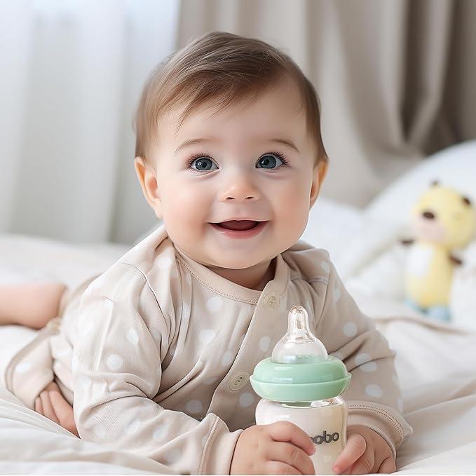 YOHKOH Natural Glass Baby Bottle with Natural Response Nipple, Newborn Anti-Colic Baby Bottles, Wide Neck Mushroom Cap Baby Bottle, Clear (3.4oz (Pack of 2), Blue)-BubblyBeeBaby