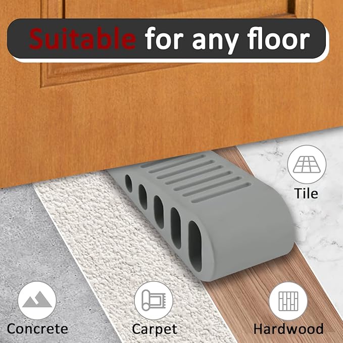 JQK Rubber Door Stopper Wedge, Grey 6 Pack Soft TPR Premium Door Stops for Bottom of Heavy Duty Door on Tile, Concrete, Carpet, Wooden Floor, DSB61-GY-P6-BubblyBeeBaby