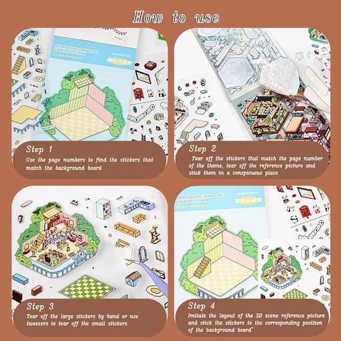 20 Sets DIY 3D Sticker Scenes for Adults Relief Stress, Cute Kawaii 3D House Sticker Therapy for Women Teen Girls Kids Pass The Time, Make Your Own Mini Room Scene Collection Book with Tweezer-BubblyBeeBaby