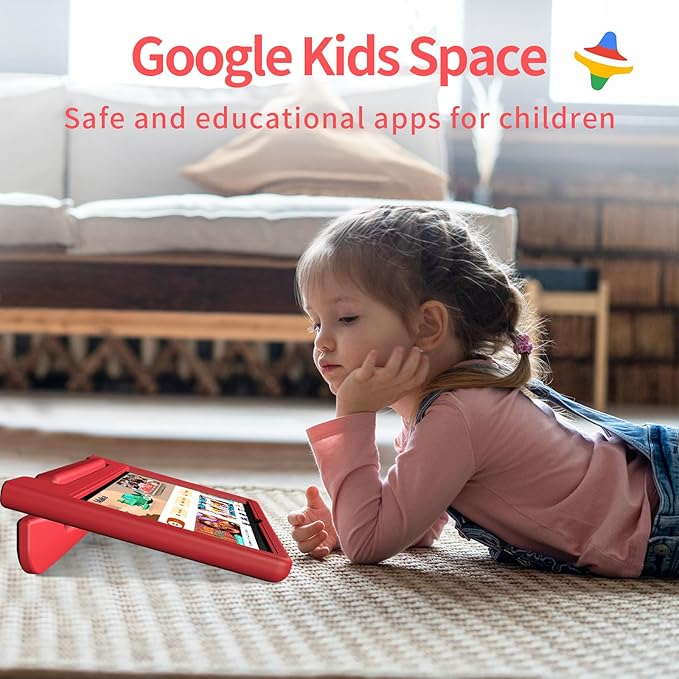 JREN Tablet for Kids｜10 Inch Kids Tablet Android 14｜Octa-core｜64GB｜WiFi ｜Bluetooth｜Parental Control｜Children Content｜Children Toddler Red-BubblyBeeBaby