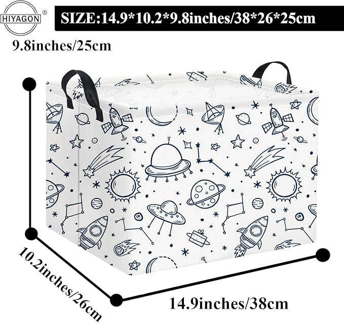 HIYAGON Rectangular Space Basket for Boys Kids Baby Storage Basket Storage Bin Organizer Box Room Decor(Spaceships)-BubblyBeeBaby