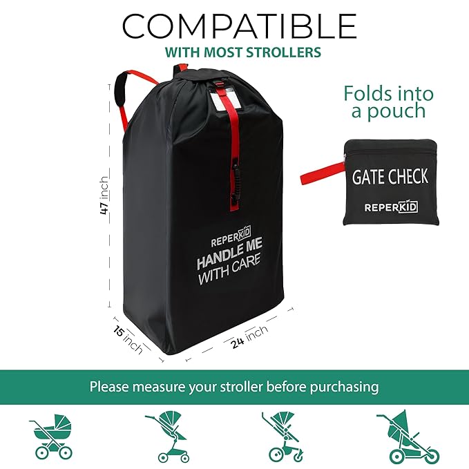 reperkid Large Stroller Bag for Airplane Travel, Black & Red, 47" H x 24" W x 15" D, Fits Most Large, Single, Double, Jogging Strollers – Premium Waterproof Cover, Adjustable Shoulder Straps-BubblyBeeBaby