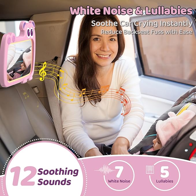 2-in-1 Baby Car Mirror with Lights & Soft Sounds, Cry Detector, Clear Night View, 360° Rotation, Shatterproof, Rear Facing Baby Car Seat Mirror with Remote Control, Perfect Baby Shower Gifts (Pink)-BubblyBeeBaby