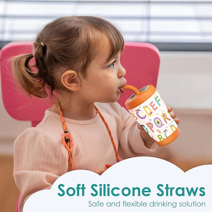 Kid Insulated Stainless Steel Tumbler with Silicone Straw, 12oz Sippy Cup for Kids (Alphabet)-BubblyBeeBaby