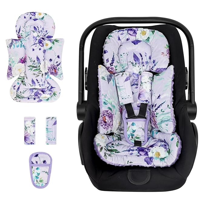 Infant Car Seat Insert and Strap Covers, Very Soft Car Seat Head Support Baby Girl Boy, Reversible Newborn Carseat Insert Cushion Fits for Stroller, Baby Swing, Bouncer (Purple Floral)-BubblyBeeBaby