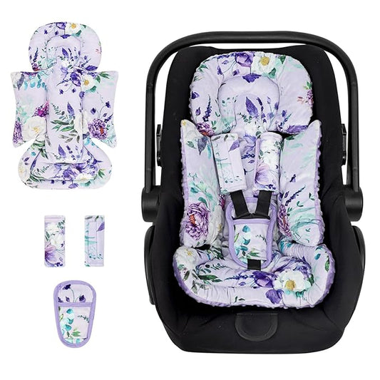 Infant Car Seat Insert and Strap Covers, Very Soft Car Seat Head Support Baby Girl Boy, Reversible Newborn Carseat Insert Cushion Fits for Stroller, Baby Swing, Bouncer (Purple Floral)-BubblyBeeBaby