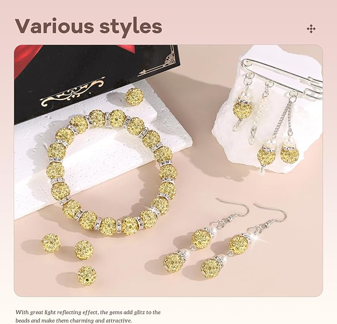 160pcs 10mm Rhinestone Beads for Jewelry Making, Light Yellow Shiny Round Disco Beads Bulk, Sparkle Crystal Clay Christmas for Bracelet Baseball Necklace Earring Crafting and DIY-BubblyBeeBaby