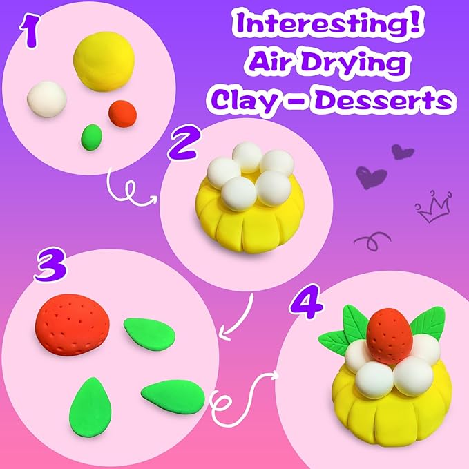 ifergoo Air Dry Clay Kit for Kids - Cakes Modeling Clay, Includes 6 Dessert Designs and Display Stand, DIY Art & Crafts School Projects, Home Party Kids Toys, Holidays Gifts for Age 3-12 Girls & Boys-BubblyBeeBaby