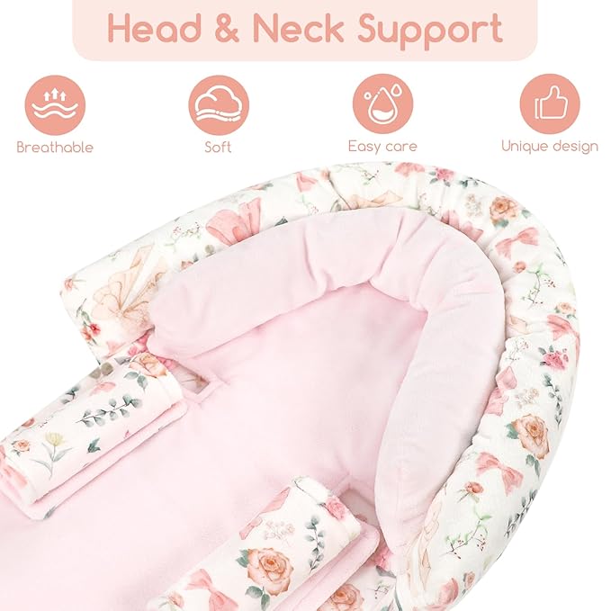 Baby Car Seat Head Support for Newborn, GFU 2 in 1 Infant Car Seat Head Body Support with Strap Pads, Soft Stroller Cushion Pillow Insert for Girls, Fits for Stroller, Swing, Pink Floral-BubblyBeeBaby