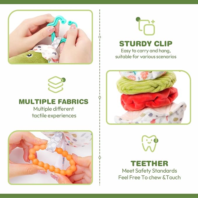 Jollybaby Baby Musical Pull String Hanging Toy for Stroller Car Seat Crib Play Gym, Plush Stuffed Dinasour Toy for Carseat with Music Teether Crinkle Paper, Sensory Toy for 0-6-12-18 Months Baby Gift-BubblyBeeBaby