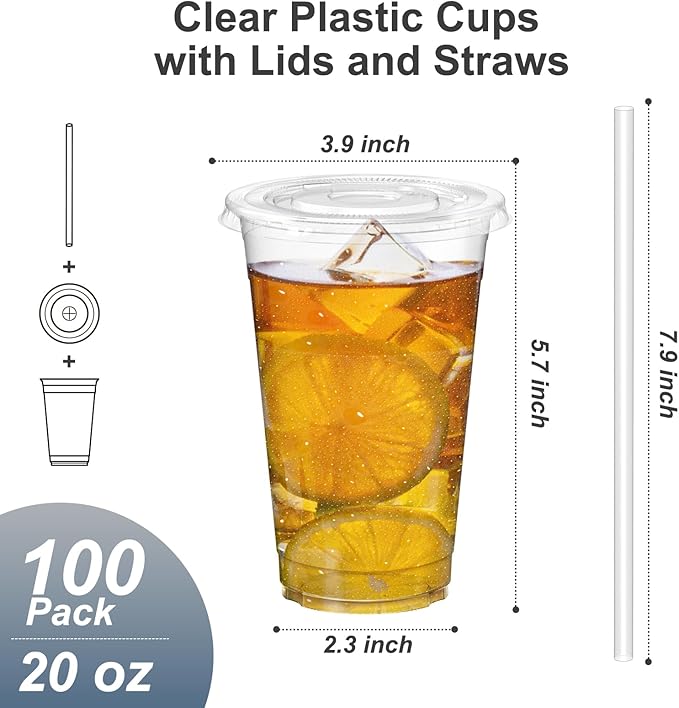 100 Pack - 20 oz Clear Plastic Cups with Lids and Straws, Sturdy & Food Safe Iced Coffee Cups with lids, Disposable Plastic Smoothie Cups for Cold Drinks-BubblyBeeBaby