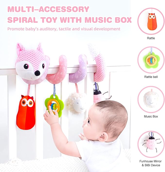 Jollybaby Baby Car Seat Stroller Toys, Plush Activity Hanging Spiral Activity Pram Crib with Music Box, Rattles, Squeaker for Babies Infant Boys Girls(Pink Fox)-BubblyBeeBaby