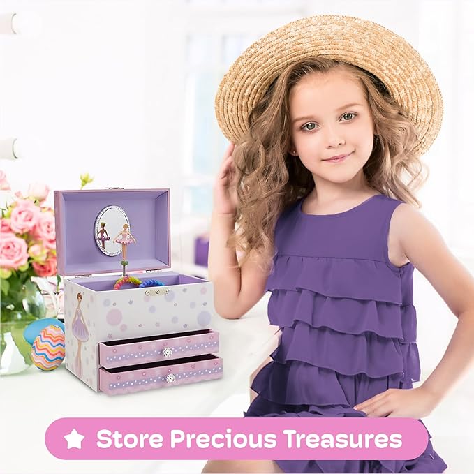 Jewelkeeper Jewelry Box for Girls with Ballerina and Music Box - Dual Drawers and Spacious Storage - Swan Lake Tune - White and Purple Jewelry Keepsake Chest - 6 x 6.75 x 5.25 Inches-BubblyBeeBaby