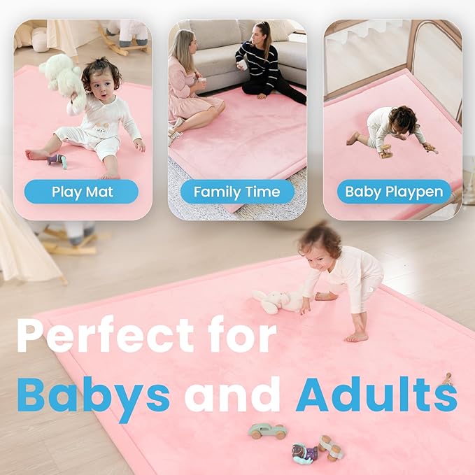 1.3" Thick Baby Play Mat for Floor Playpen, 71x59 Large Foam Tummy Time Mat, Padded Support Soft Plush Nursery Rug for Infant Kids Toddler Crawling Kick Activity (Pink)-BubblyBeeBaby