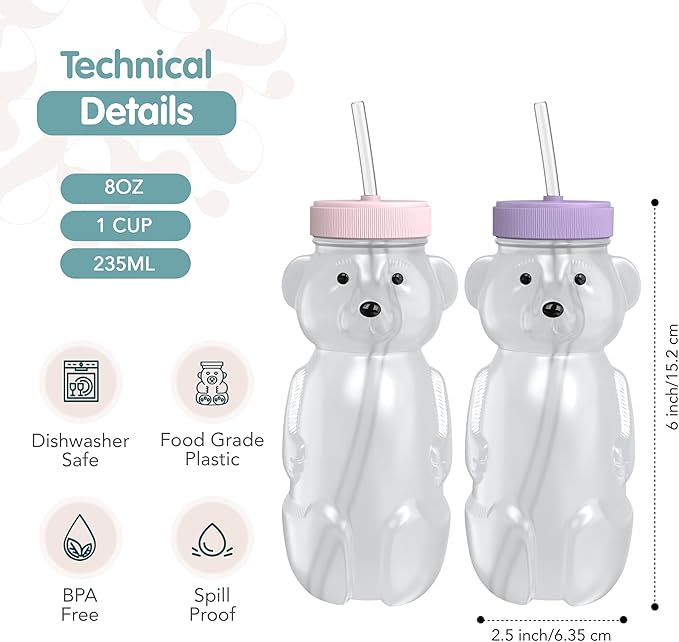 Honey Bear Straw Cup for Babies, Honey Bear Cups with Travel Lid, 2-Pack Therapy Learning HoneyBear Straw Sippy Cup for Toddlers, Cherry Blossom & Unicorn, 8 oz-BubblyBeeBaby