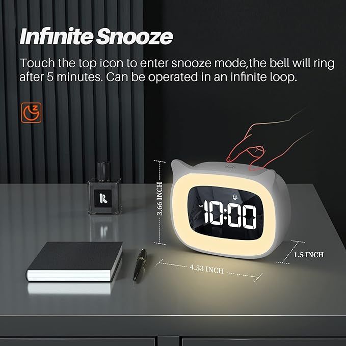 Kids Alarm Clock with Night Light & 18 Ringtones,Rechargeable,Cute Cat Ear Clock for Boys Girls Birthday Presents,Digital Clock for Children's Bedroom(White)-BubblyBeeBaby