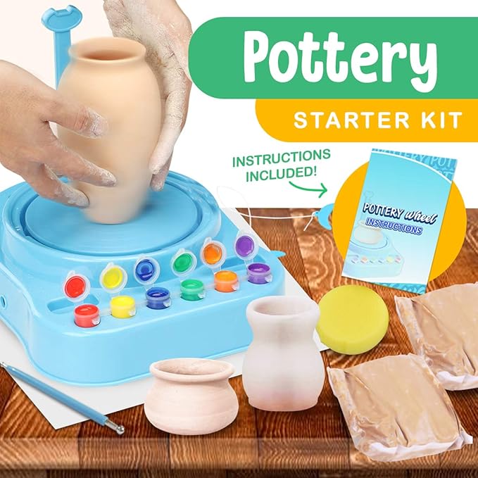 Insnug Mini Kids Pottery Wheel: Complete Painting Kit for Beginners with Modeling Clay and Sculpting Tools, Arts & Crafts Small Banding Wheel for Pottery, Tiny Pottery Wheel for Kids Age 8-12, 10-13-BubblyBeeBaby